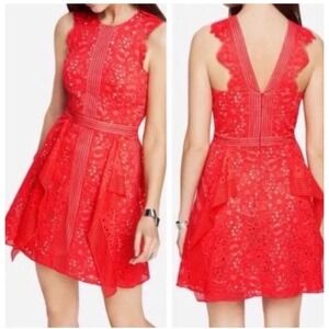 BCBGMAXAZRIA Ondina Red Orange Lace Scalloped‎ Fit Flare Cocktail Dress Size 0